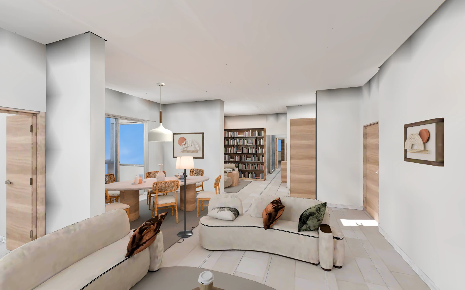 Sunlit living and dining spaces with warm oak and soft upholstery